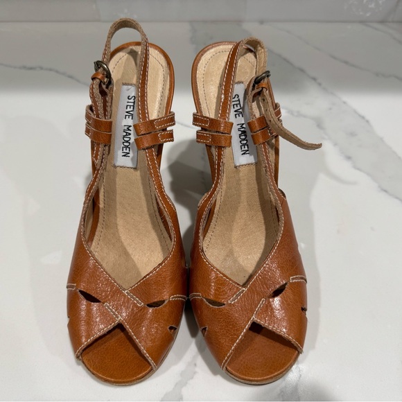 Steve Madden brown leather open toe stacked chunky heel ankle strap heels - Picture 3 of 4